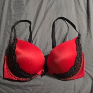 Victoria's Secret 36D Very Sexy Push Up Bra Red Black Lace Rhinestones